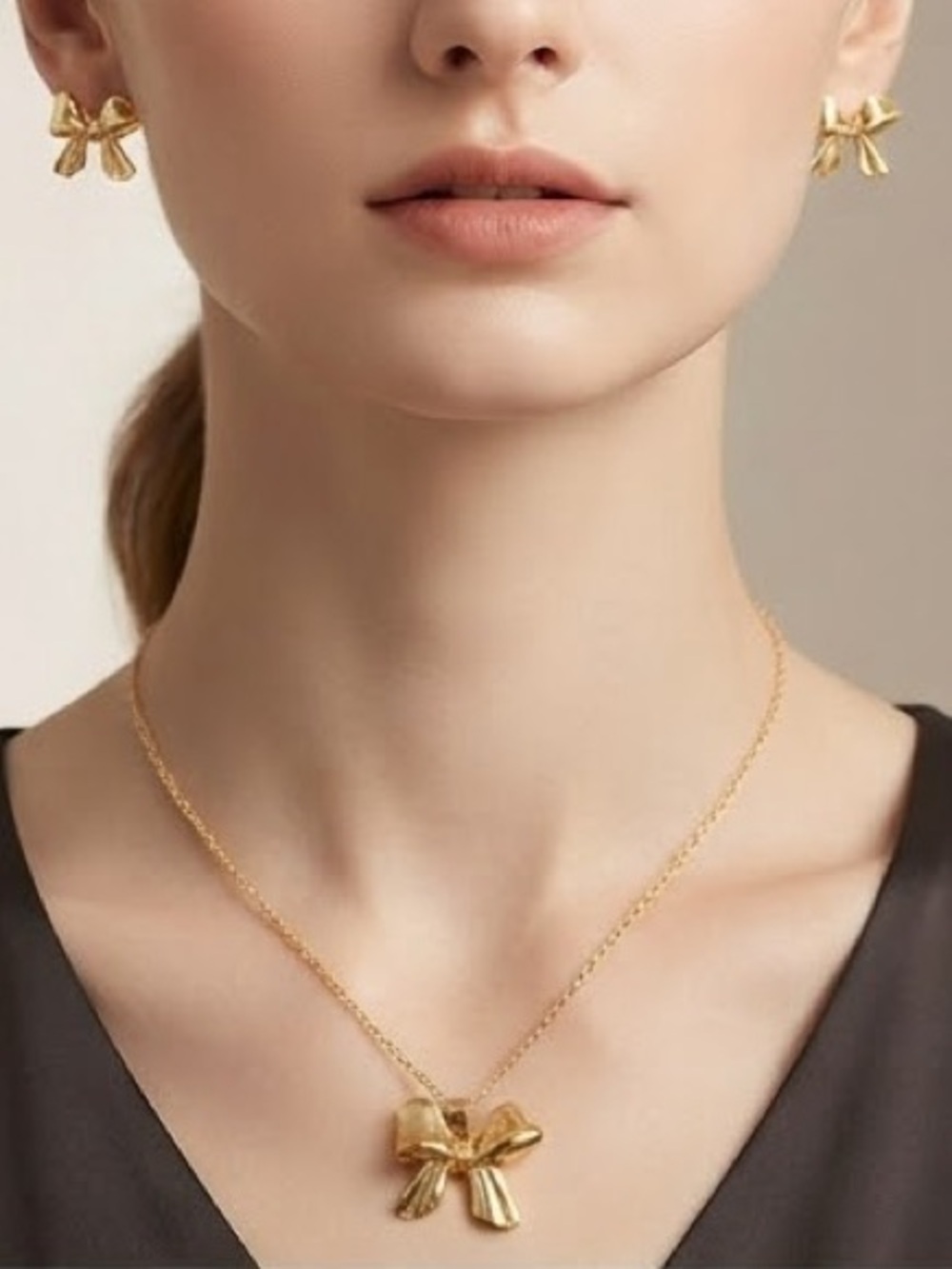 Gold Bow Pendant Necklace and Earrings Set - Stainless Set